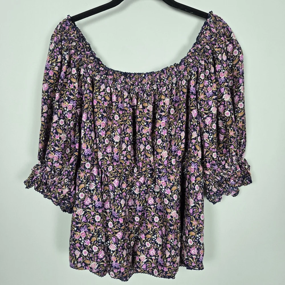 Old Navy Womens Dark Floral Puff Sleeve Top 2X Pink Smocked Peasant Cottagecore